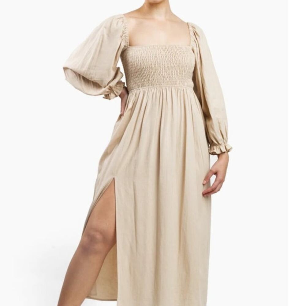 Beige Smocked Maxi Dress with Puff Sleeves